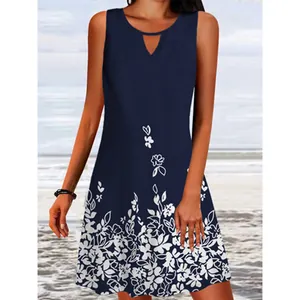 Navy blue sleeveless A-line dress with white floral print and neck cutout detail