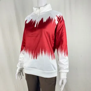 Long sleeve sweatshirt with a bold red and white gradient print and half-zip mock neck