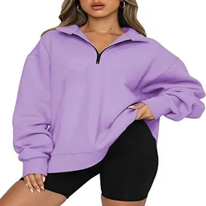 Women's lavender half-zip long sleeve sweatshirt with cozy fleece lining and collar