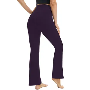 Back view of premium high waisted deep purple flare yoga pants for women fitness training