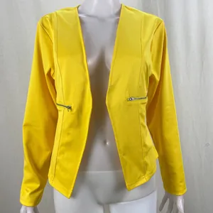 Bright yellow casual open front blazer jacket with silver zipper details for women
