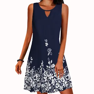 Women's sleeveless navy blue A-line dress with white floral print and cutout neckline