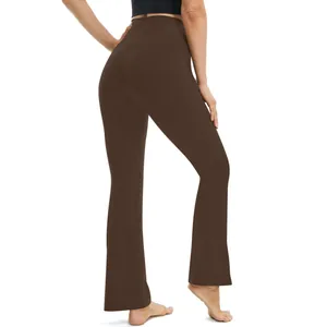 Back view of brown high-waisted flare yoga pants showing slim fit and flared leg design