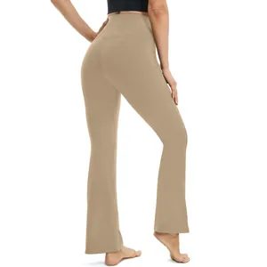 Detailed back view of women's high-waisted flare yoga pants in solid taupe color