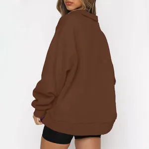 Vista posteriore della felpa marrone oversize a maniche lunghe con mezza zip da donna