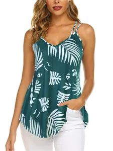 Camiseta de tirantes doble con cuello en V para mujer con estampado de hojas tropicales