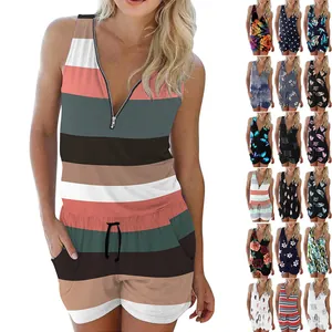 Women's sleeveless zipper romper with colorful stripes and various floral patterns