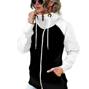 Women's black and white contrast zip-up hoodie with drawstring hood and side pockets.