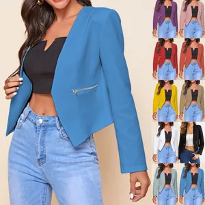 Stylish casual women's cropped blazer jacket with zipper detail in multiple colors