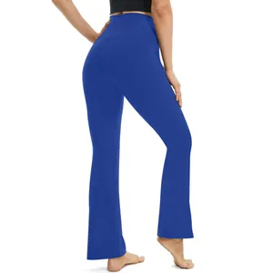 Close-up back view of high-waisted flared yoga pants in vibrant royal blue color