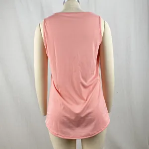Detailed back view of pink sleeveless tank top featuring a curved swallowtail hem
