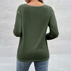 Detailed back view of a women's olive green long-sleeved T-shirt with a relaxed fit