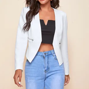 Front view of a white casual blazer for women featuring silver zipper pocket details