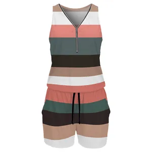 Sleeveless summer romper with colorful horizontal stripes and a front zipper V-neck