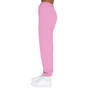 Seitenansicht der rosa Fleece-Jogginghose für Damen mit Kordelzug und elastischem Bund