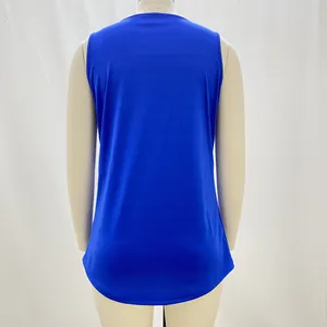 Detailed back view of a royal blue sleeveless swallowtail tank top on a mannequin