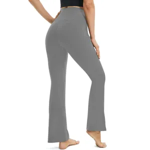 Back view of grey high-waisted flare yoga pants showing slim fit and silhouette