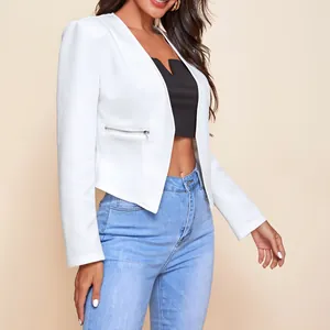 Detailed shot of white cropped blazer jacket featuring a stylish horizontal silver zipper