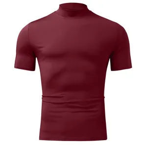 Maglietta da uomo slim fit con collo a lupetto, maniche corte, bordeaux tinta unita