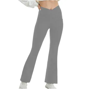 Grey micro-flare high waist yoga pants with crossover waist design
