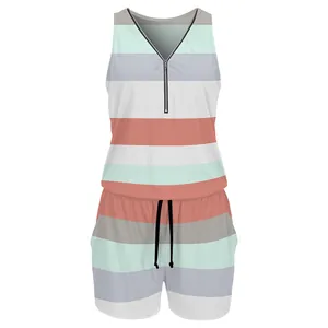 Front view of sleeveless striped romper with zipper and drawstring waist details
