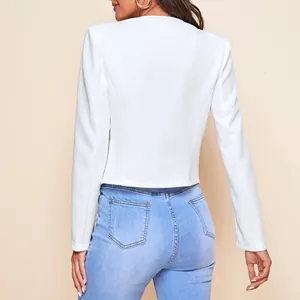 Detail view of a white cropped blazer with long sleeves and clean back tailoring.