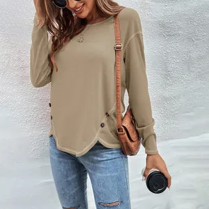 Khaki casual long-sleeve T-shirt featuring a unique asymmetrical hem with decorative buttons