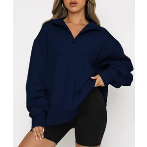 Casual women's navy blue half-zip long sleeve sweatshirt with mock neck