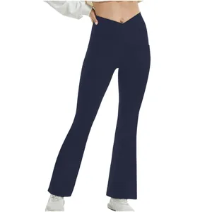 Slim fit high waist flared yoga pants with cross waist design in navy blue