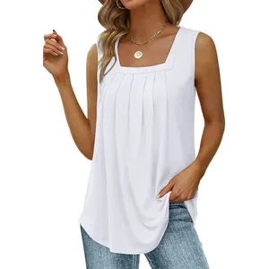 Detail shot of a white sleeveless tank top featuring a pleated square neck design