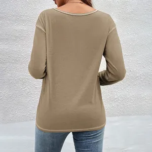 Back view of a khaki long sleeve T-shirt with contrast stitching on the neckline