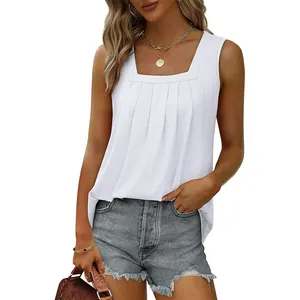 Close-up of pleated square neck and sleeveless design of this white high-low tank top