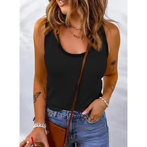 Comfortable casual women's black ribbed U-neck tank top for stylish summer daily wear