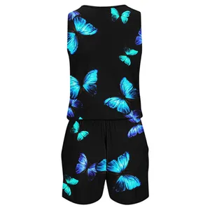 Detailed view of women's black summer romper featuring vibrant blue butterfly prints