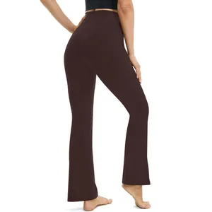 Professional back view of women's high-waisted flared yoga pants in dark brown fabric.