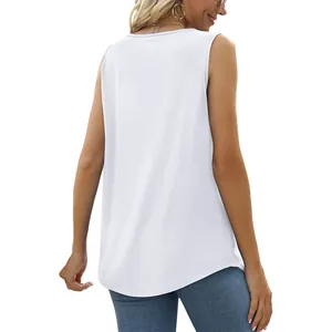 Rear view of a minimalist white square neck sleeveless tank top with curved swallowtail hem