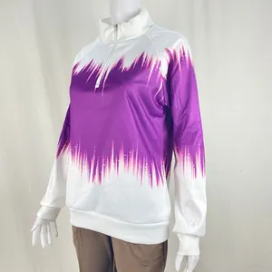 Close-up detail of women's half-zip sweatshirt with purple and white gradient print