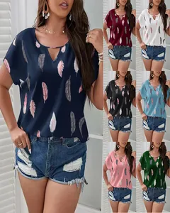 Multi-color display of plus size V-neck feather print casual short sleeve blouses
