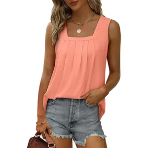 Front view of trendy coral orange sleeveless tank top featuring a pleated square neckline