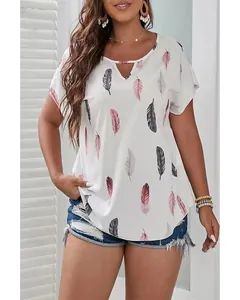 Detailed view of women's plus size V-neck top featuring a vibrant feather print design