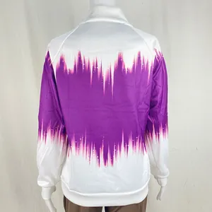 Detailed back view of women's purple gradient flame print zip-neck long sleeve sweatshirt