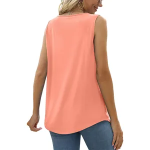 Back view of elegant orange sleeveless vest featuring a curved swallowtail hem for women.