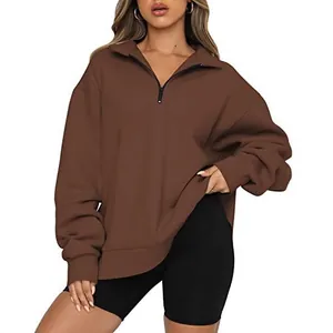Women's casual brown half-zip long sleeve fleece sweatshirt for autumn and winter
