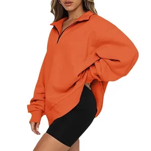 Oversized orange half-zip sweatshirt for women with long sleeves and fleece lining
