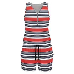 Close-up of red and navy blue striped women's romper with a front zipper V-neck detail.