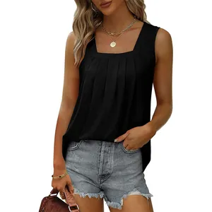 Close-up of elegant black sleeveless tank top featuring a pleated square neckline