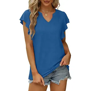 Elegante camiseta azul para mujer con cuello en V y mangas con volantes para el verano