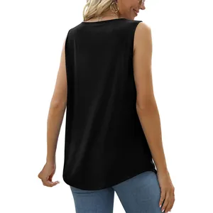 Detailed back view of a casual black sleeveless tank top featuring a stylish curved hem