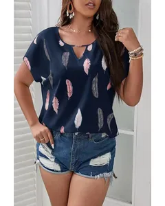 Close-up view of a plus size navy blue V-neck blouse featuring a delicate feather print pattern