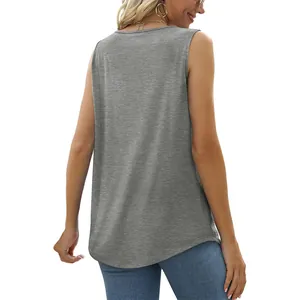 Back view of a grey sleeveless tank top featuring a stylish high-low swallowtail hemline